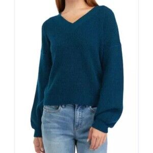 Pink Rose Turquoise Knit V-neckline Long Sleeve sweater size Small